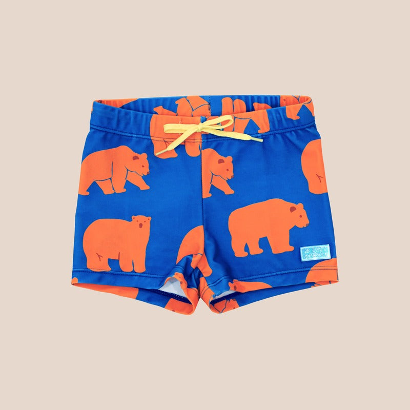 Swim Trunks in Bear Print by Le Petit Society