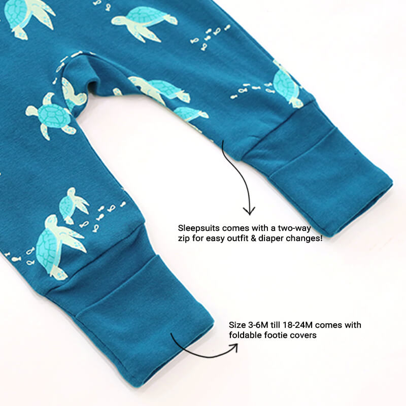An infographic showing the two-way zipper of a baby zip sleepsuit and its function of providing easy access to outfit and diaper changes. It also mentions that sizes 3-6M till 18-24M come with foldable footie covers.