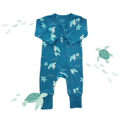 Baby Organic Zip Sleepsuit with Foldable Mittens & Footies in Turtle Print by Le Petit Society — image 15