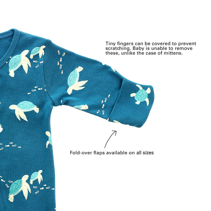An infographic showing the mittens of an organic baby zip sleepsuit, which come with fold over flaps to cover a baby's hands and keep them warm.