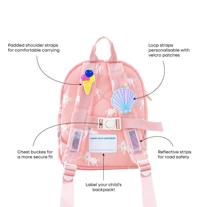 The various features of the mini explorer preschool bag.