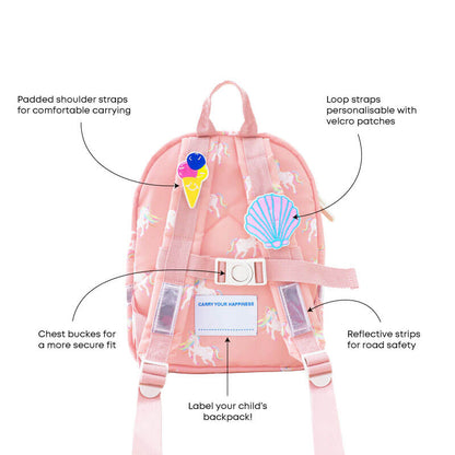 The various features of the mini explorer preschool bag.