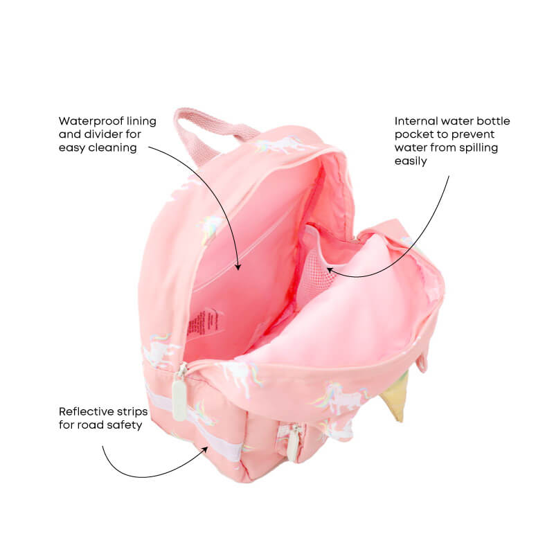 The various features of the mini explorer preschool bag.