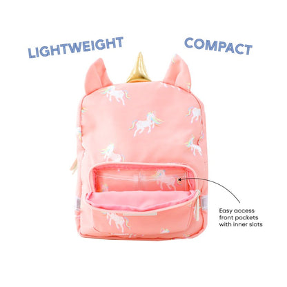 Infographic showing the inner slots in the front pocket of a preschool bag.