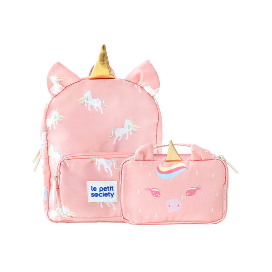 A pink preschool bag and pencil case bundle with a unicorn print and gold horns.