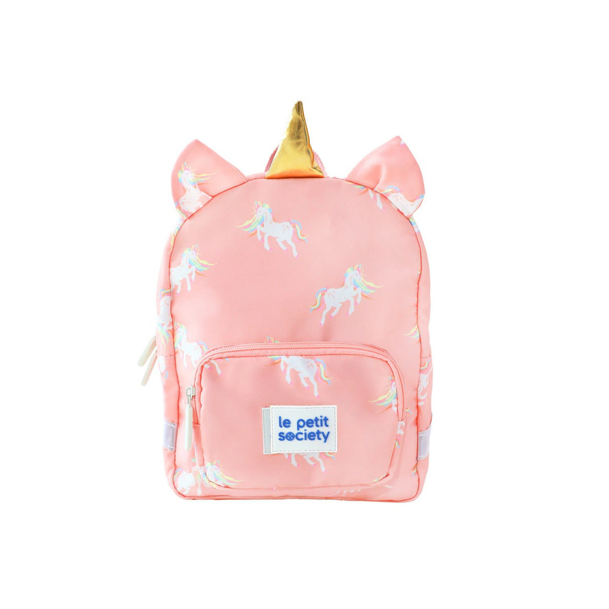 A pink preschool bag with a unicorn print, a pair of ears and a gold horn.