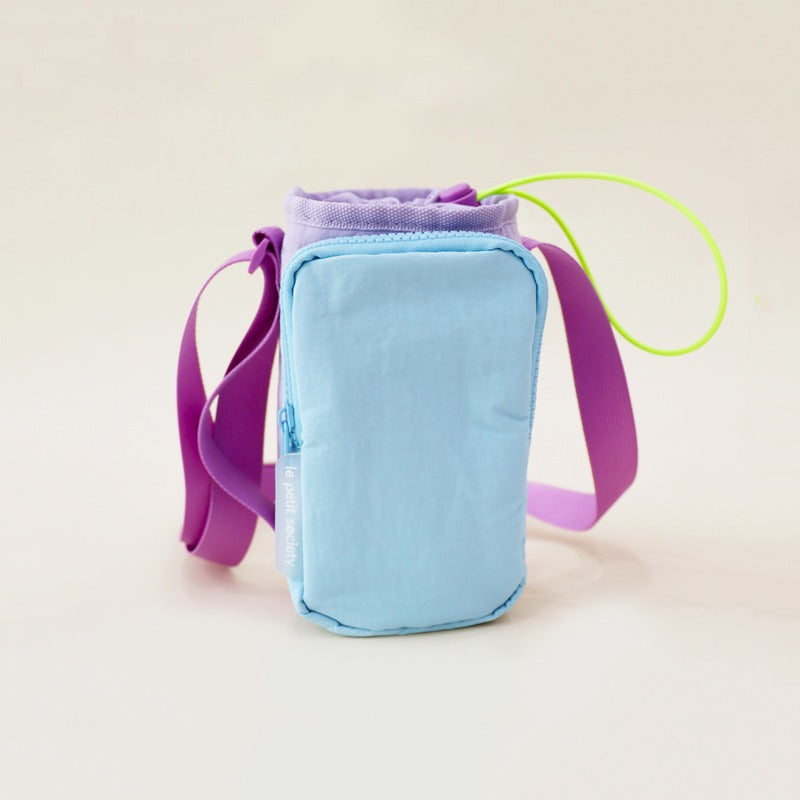 Kids water bottle sling bag in lilac and blue with adjustable strap and front pocket