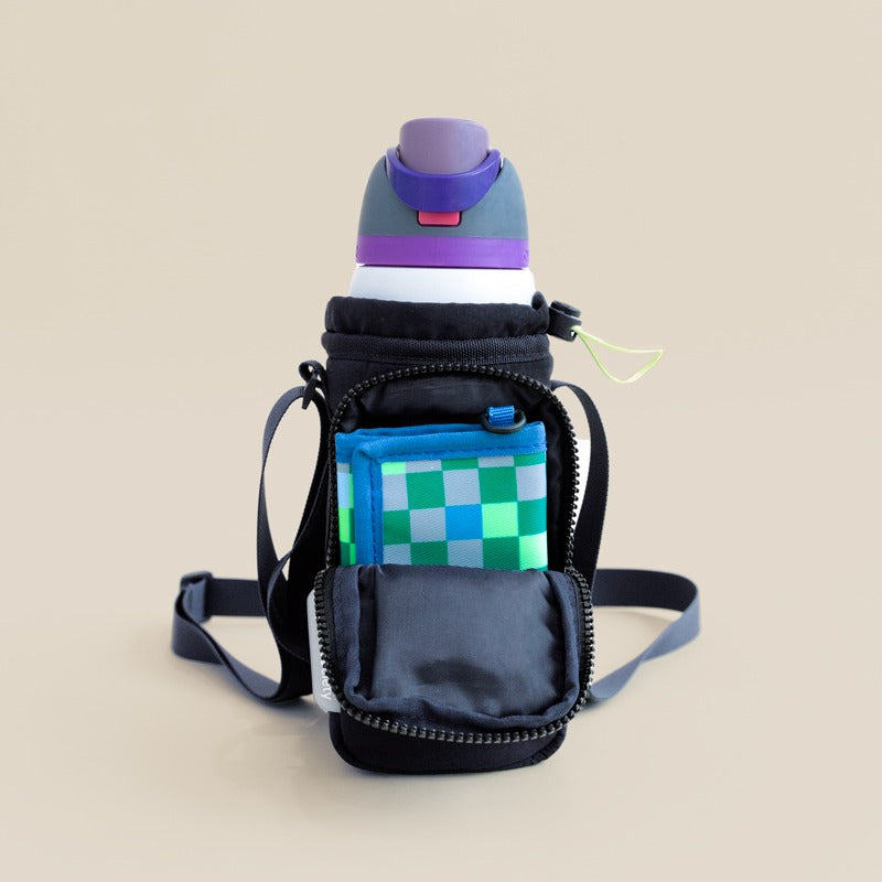 A wallet being stored in the front pocket of a water bottle bag