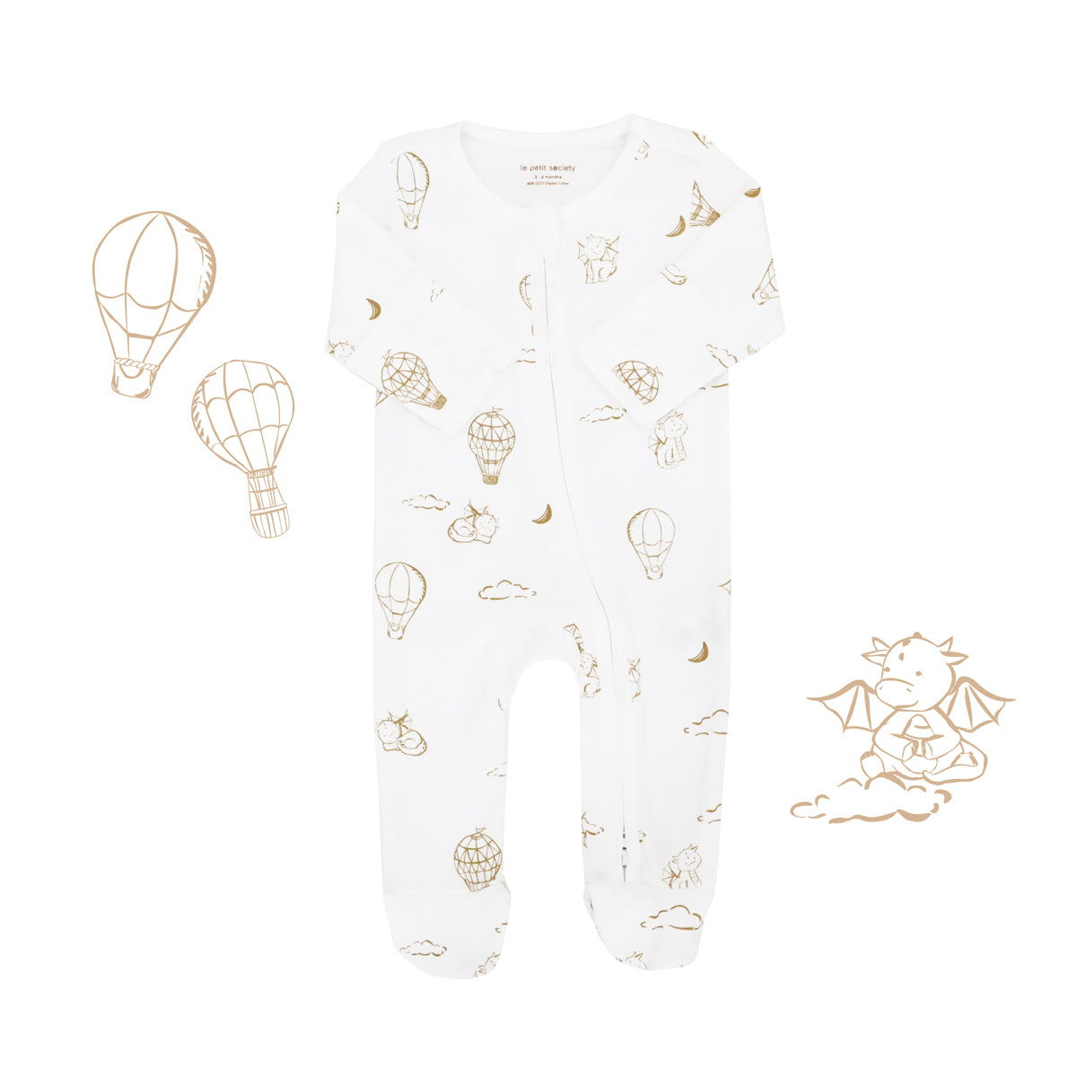Baby Organic Zip Sleepsuit with Foldable Mittens & Footies - Dreamy Dragon in White by Le Petit Society — image 12