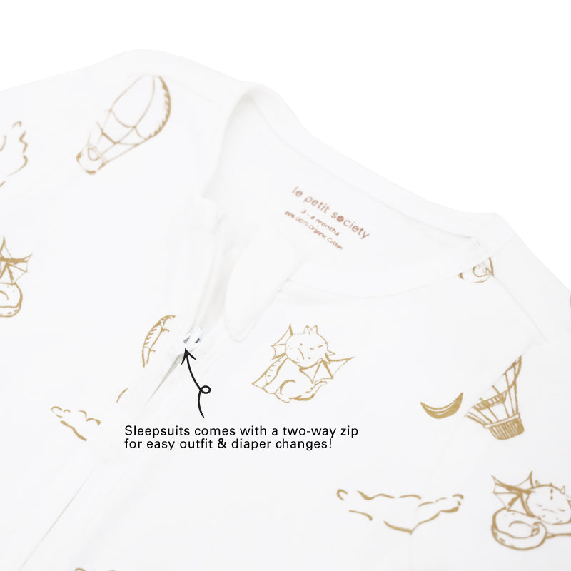 An infographic demonstrating the two-way zipper of a baby zip sleepsuit, and its function of providing an easy access to outfit and diaper changes.
