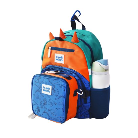 A single pocket school bag and lunch bag bundle in a dinosaur design.