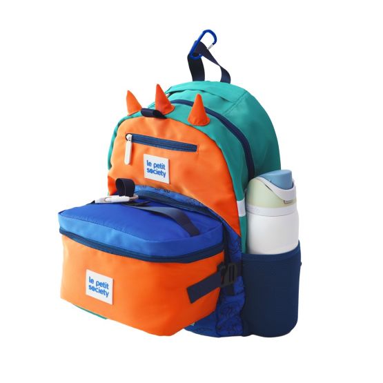 A single pocket school bag and lunch bag bundle in a blue and orange dinosaur design.