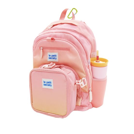 The double pocket school bag and lunch bag bundle in pink and yellow sunset gradient.