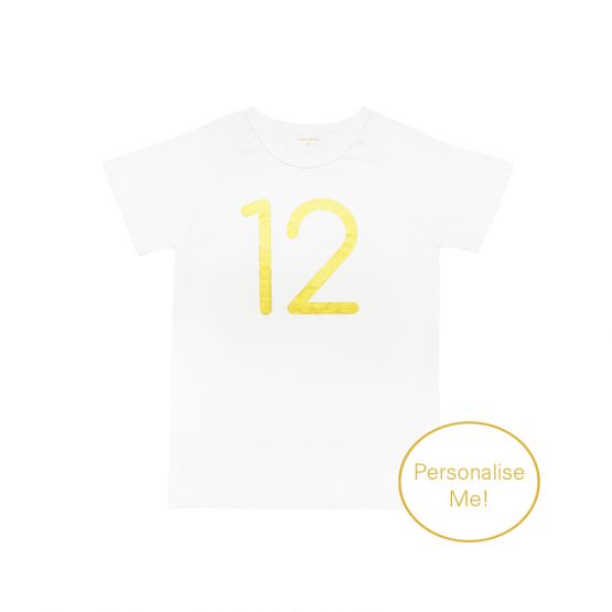 Personalisable Number 12 Tee in White/Gold