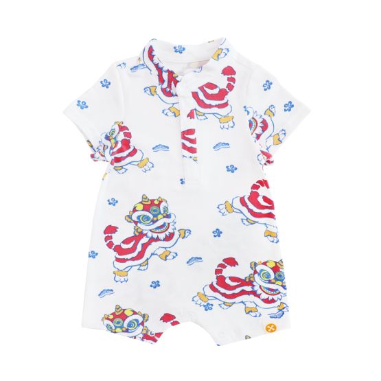 Lion Dance Series - Baby Boy Shirt Romper in White Lion Print