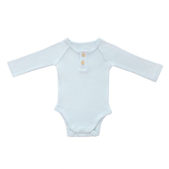 *New* Baby Long Sleeve Romper in Baby Blue Waffle Jersey