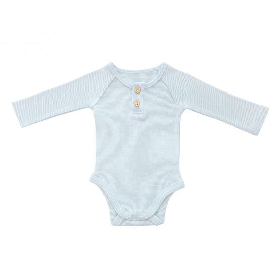 Baby Long Sleeve Romper in Baby Blue Waffle Jersey