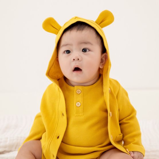 Baby Bubble Romper in Marigold Waffle Jersey