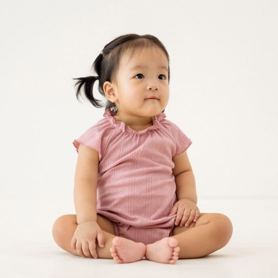 Baby Girl Bubble Romper in Plum Pointelle Cotton