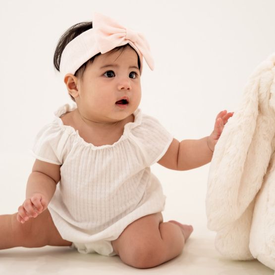 *New* Baby Girl Bubble Romper in White Pointelle Cotton
