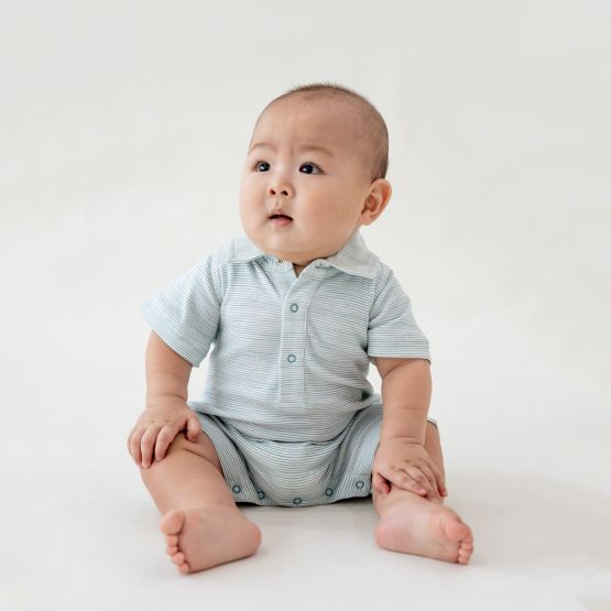 Baby Boy Organic Polo Romper in Blue Stripes (Personalisable)