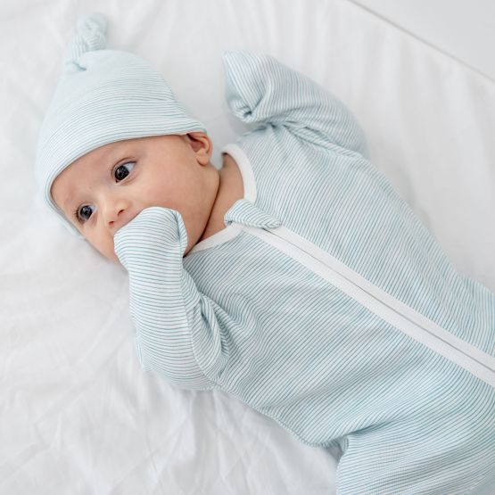 Baby Organic Zip Sleepsuit in Blue Stripes (Personalisable)