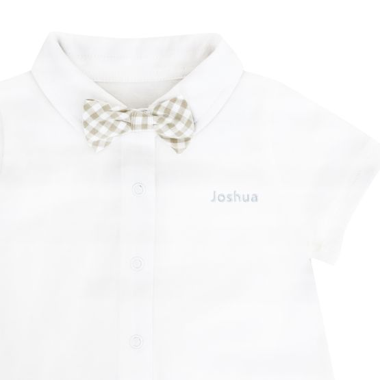 Baby Boy Bow Tie Romper in Beige Gingham