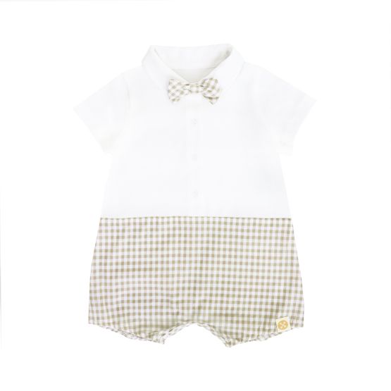 Baby Boy Bow Tie Romper in Beige Gingham (Personalisable)
