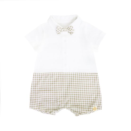Baby Boy Bow Tie Romper in Beige Gingham