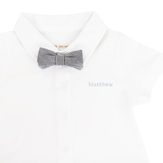 Baby Boy Bow Tie Romper in Black Stripes