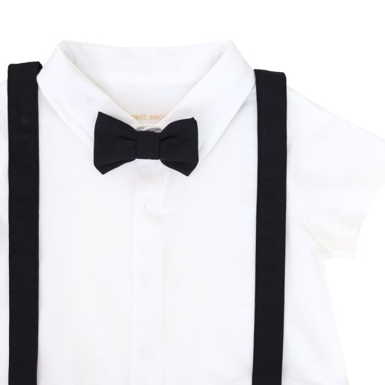 Baby Boy Bow Tie Suspender Romper in Black