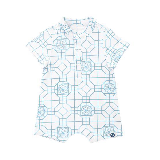 Chinese Motif Series - Baby Boy Jersey Romper in Blue Orchid Motif (Personalisable)
