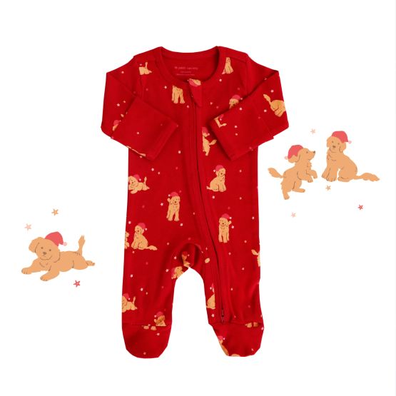 Baby Organic Sleepsuit in Christmas Puppy Print (Personalisable)