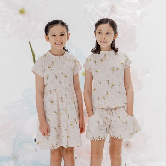 Botanic Series - Girls Shirt Dress in Beige Bird Print