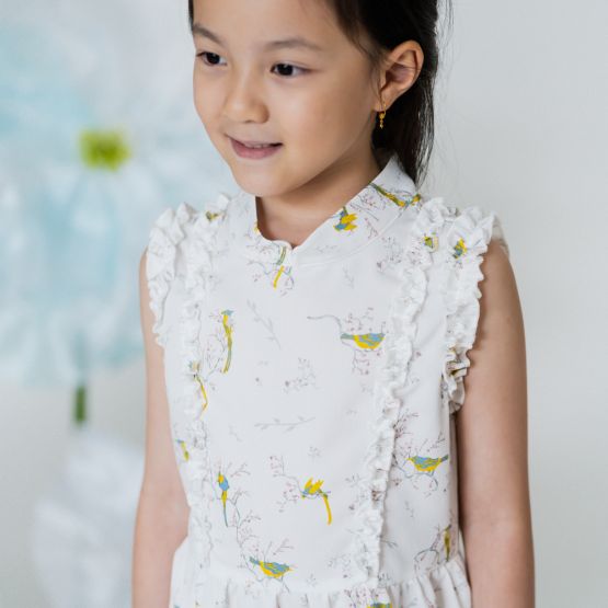 Botanic Series - Girls Cheongsam Dress in White Bird Print