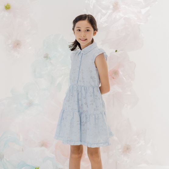 Lace Series - Girls Shirt Dress in Pastel Blue Butterfly Lace