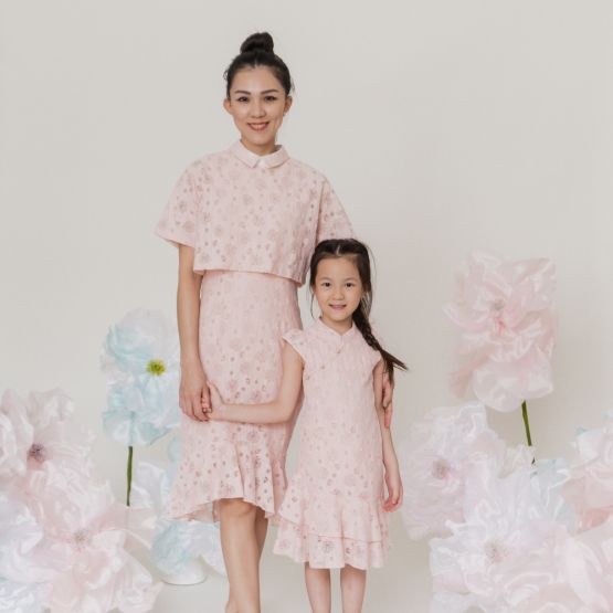 Lace Series - Ladies Collared Floral Lace Dress in Blush