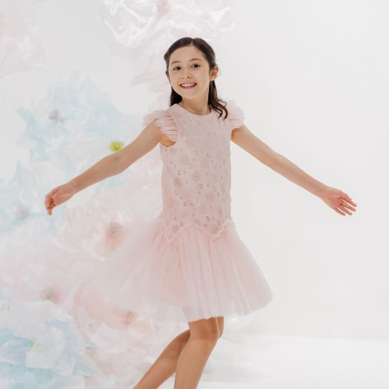 Lace Series - Girls Floral Lace Tulle Dress in Blush