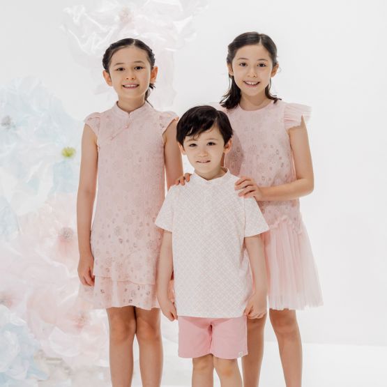 Lace Series - Girls Floral Lace Tulle Dress in Blush