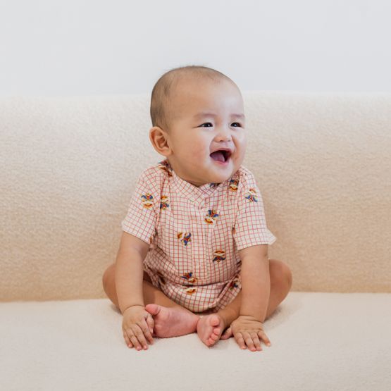 Lion Dance Series - Baby Boy Jersey Shirt Romper with Grid Print