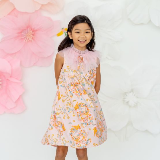 Dragon Series - Girls Ruffle Tulle Dress in Pink Floral Print