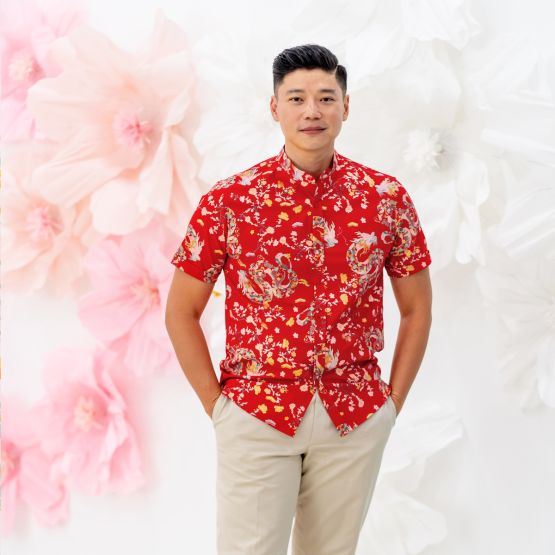 Dragon Series - Men’s Shirt in Red Floral Print - Classic Fit (Personalisable)