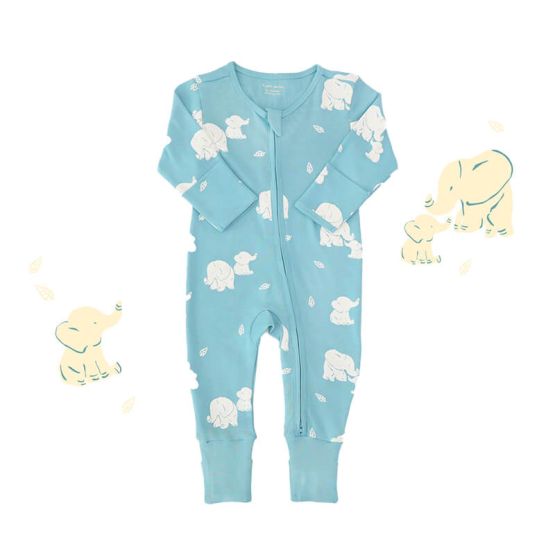 Baby Organic Zip Sleepsuit with Foldable Mittens & Footies - Elephant