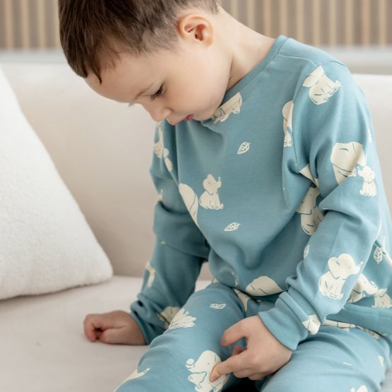 *New* Kids Long Sleeve Organic Pyjamas Set in Elephant Print (Personalisable)
