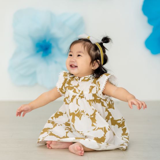 Garden Series - Baby Girl Flutter Dress in Ochre Floral (Personalisable)