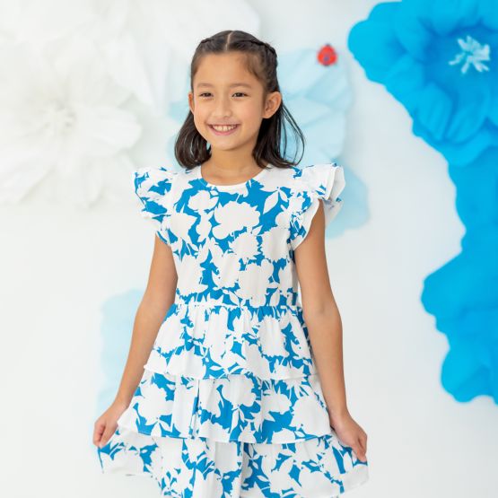 *New* Garden Series - Girls Tiered Dress in Blue Floral (Personalisable)