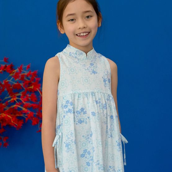 Chinese Motif Series - Girls Cheongsam in Blue Floral Motif (Personalisable)