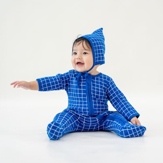 *New* Organic Baby Bonnet Hat in Grid Print (Personalisable)