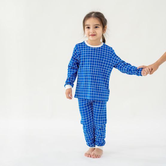 *New* Kids Long Sleeve Organic Pyjamas Set in Grid Print (Personalisable)