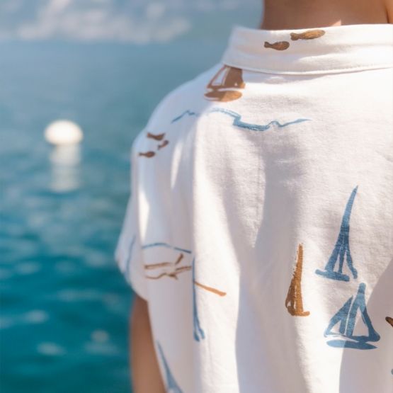 *New* Resort Series - Boys White Jersey Shirt in Sail Boat Print 